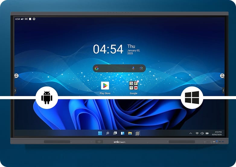 Dijital ekran, çift işletim sistemi işlevselliğini gösteren Android ve Windows logoları ile beyaz bir çizgi ile bölünmüş hem Android hem de Windows arayüzlerini gösterir. Saat ve tarih en üstte görüntülenir.