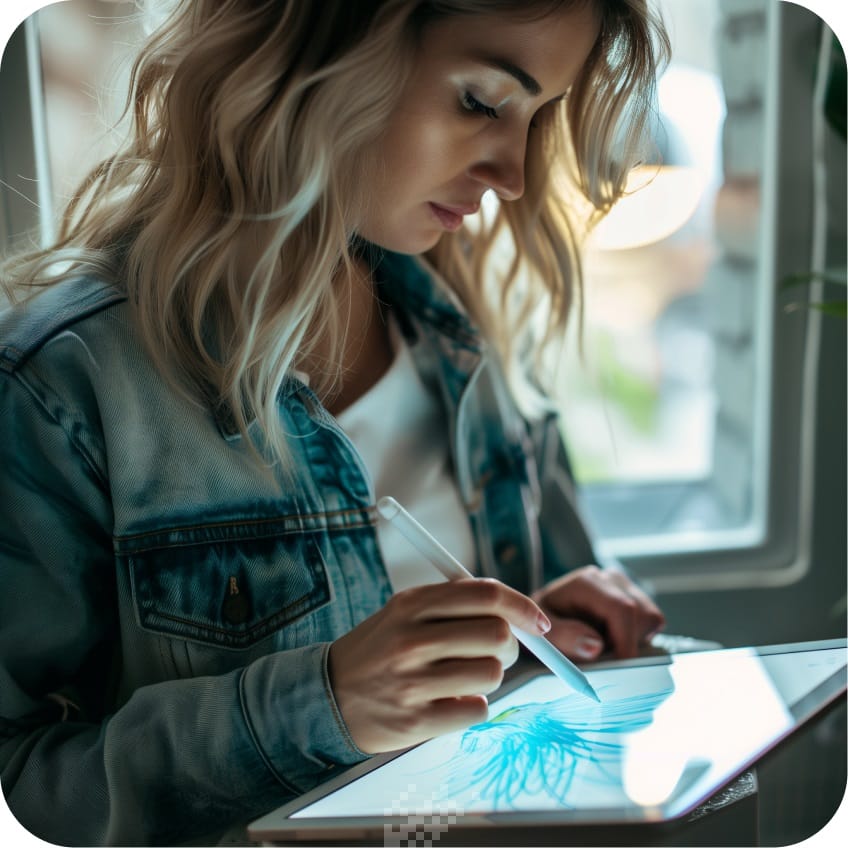 Kot ceketli sarı saçlı bir kadın, dijital sanat eserine odaklanmış bir şekilde pencere kenarındaki tablette çizim yapmak için bir kalem kullanıyor.